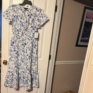French Connection blue white summer short sleeve maxi dress with pockets;size: L